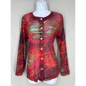 Y2K Vintage Cardigan Womens Medium Red Mesh Stretch Arsty Colorful Sheer 90s